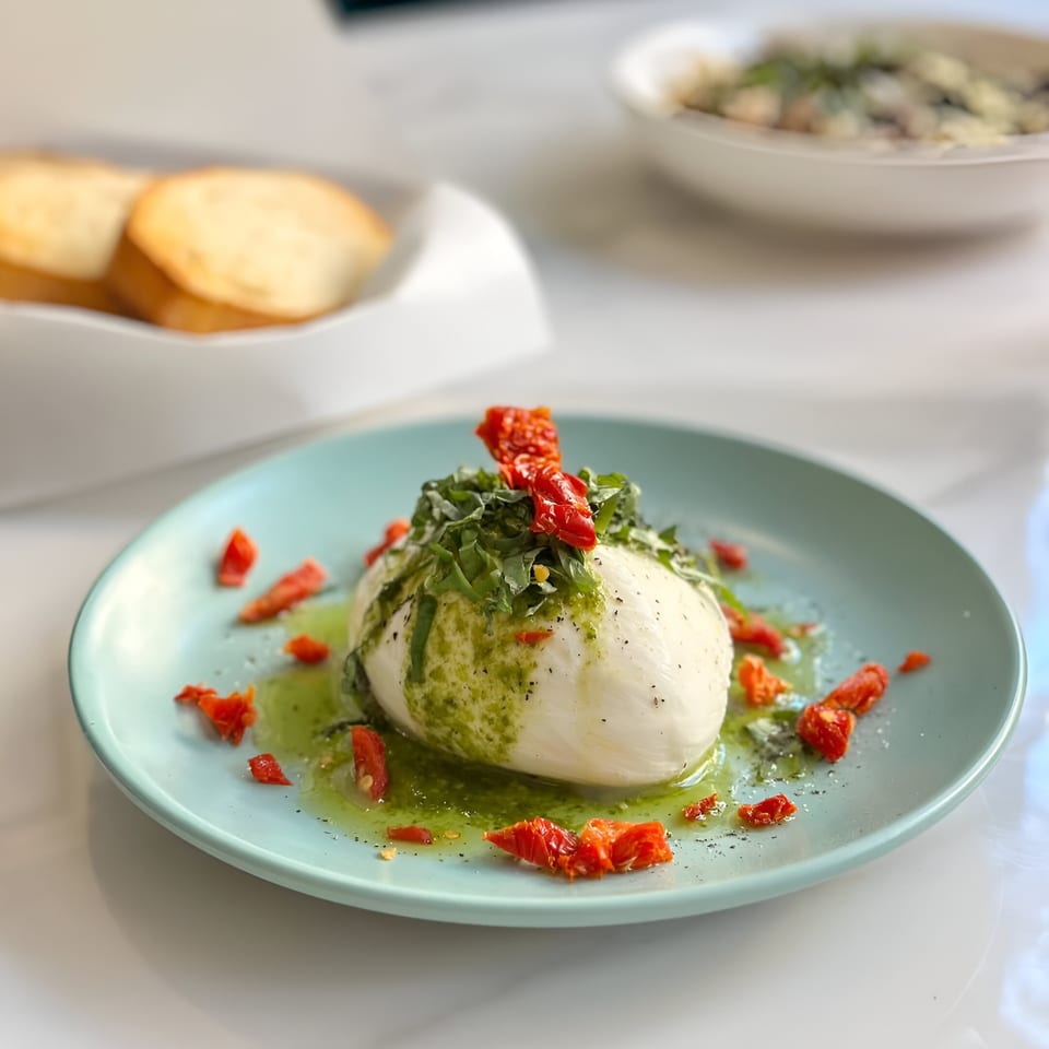 Burrata cheese with pesto, sun-dried tomatoes, and cracked pepper on a light blue plate.