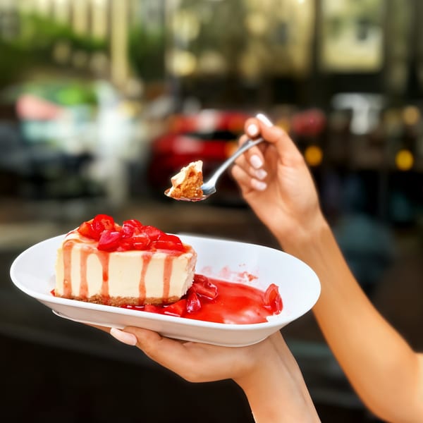 A hand holds a plate with a slice of cheesecake topped with strawberries and red sauce, taking a bite.