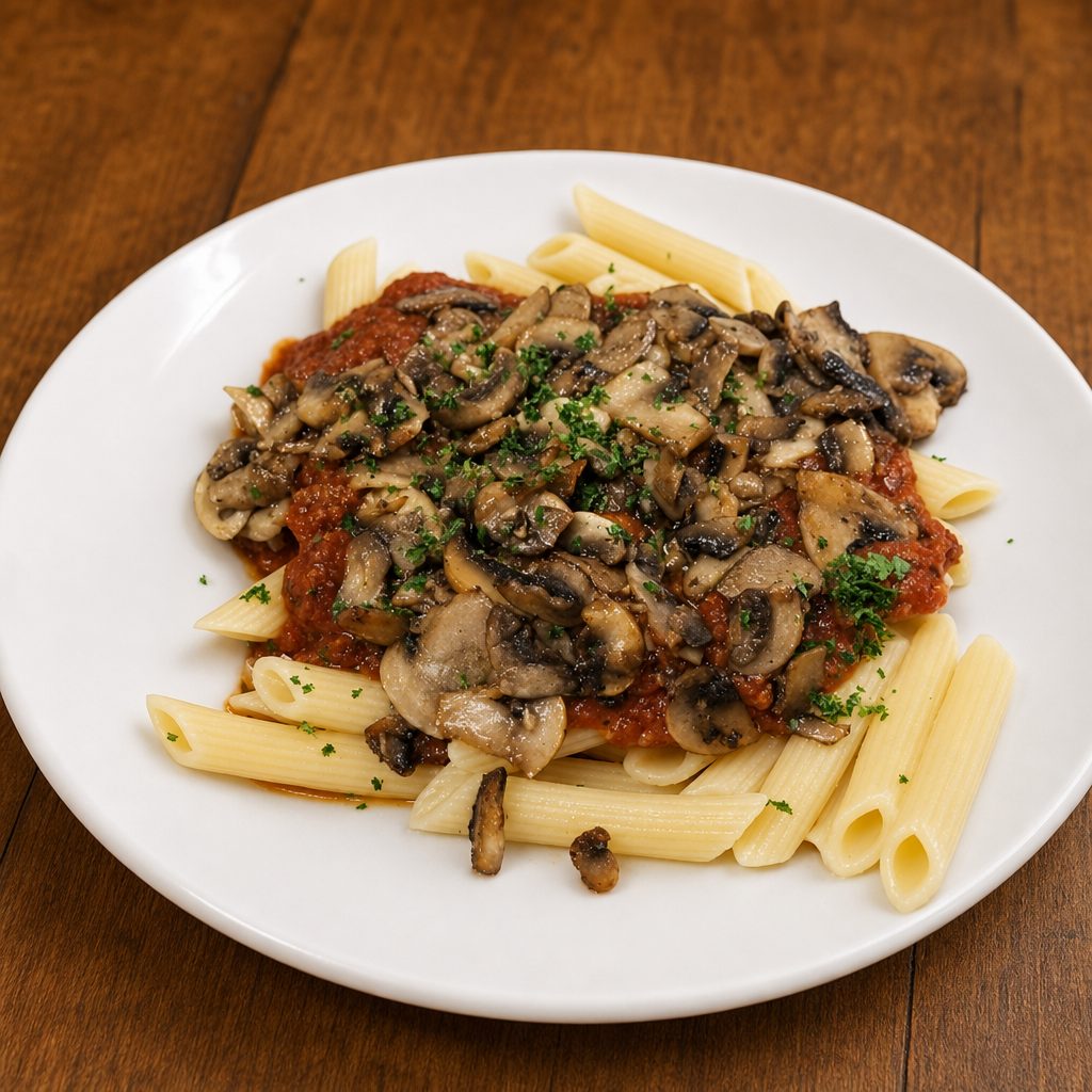 Pasta with Mushrooms & Meat Sauce.