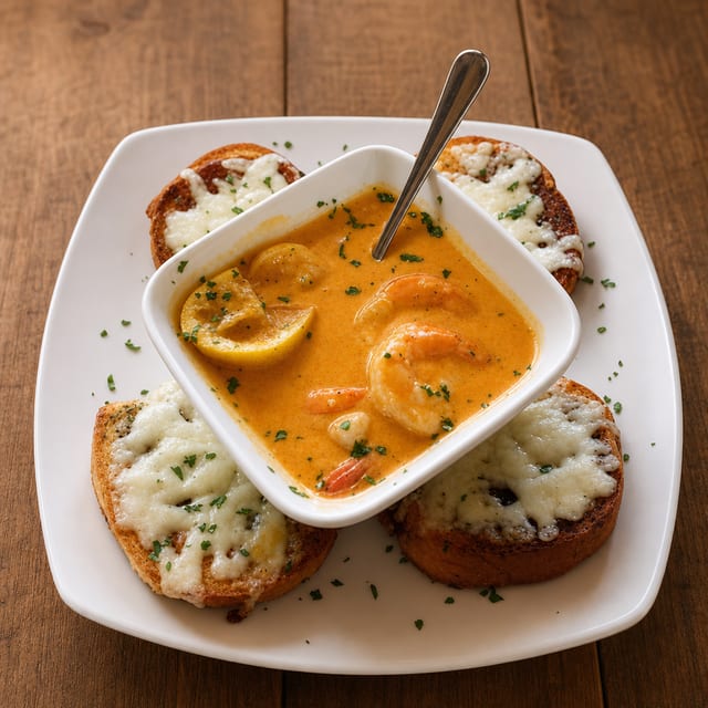 Diablo Shrimp Served with Cheesy Garlic Bread for Dippin’.
