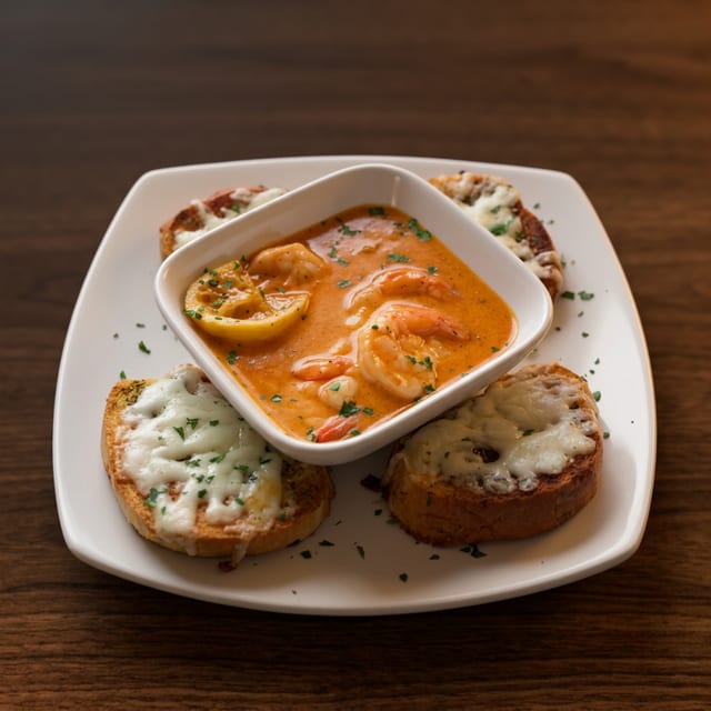 Diablo Shrimp Served with Cheesy Garlic Bread for Dippin’.