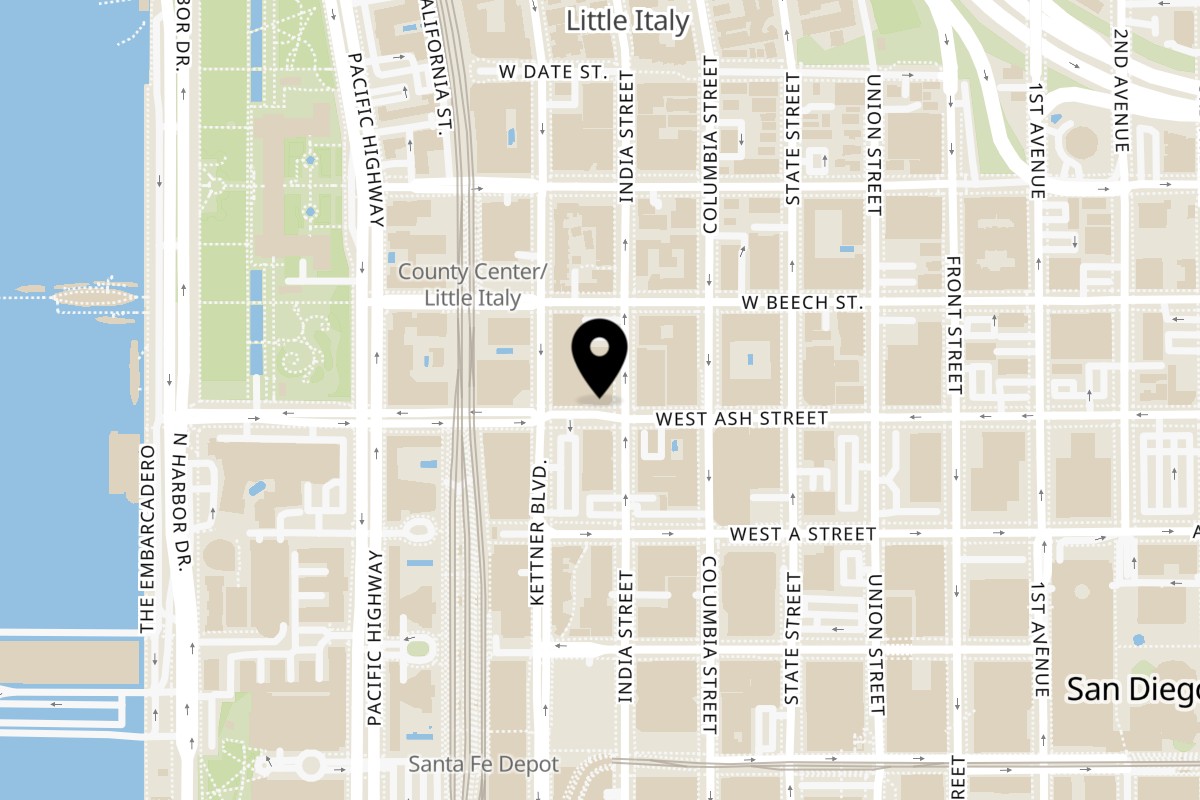 Map showing the location of Petrini's San Diego on 610 W Ash St #100 in San Diego